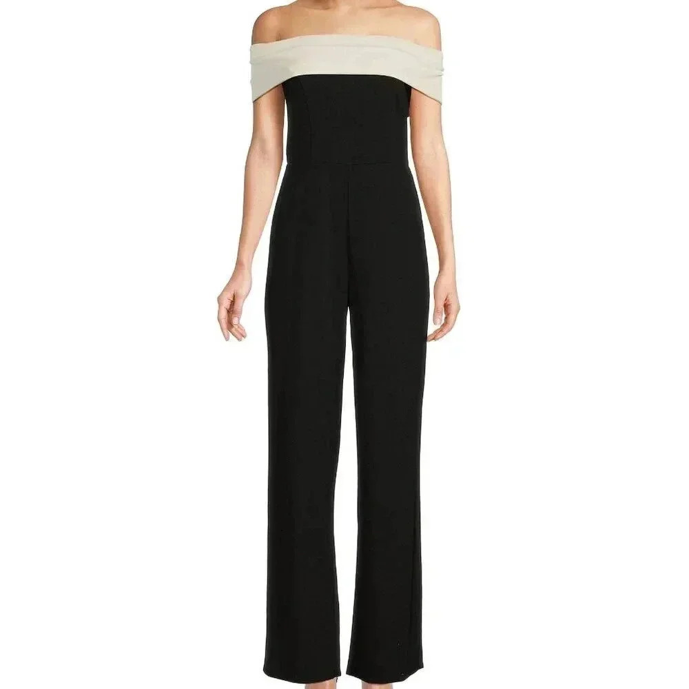 Sexy Jumpsuit Off Shoulder Lace Zipper Back (Color: Black/Ivory) (Size 10)